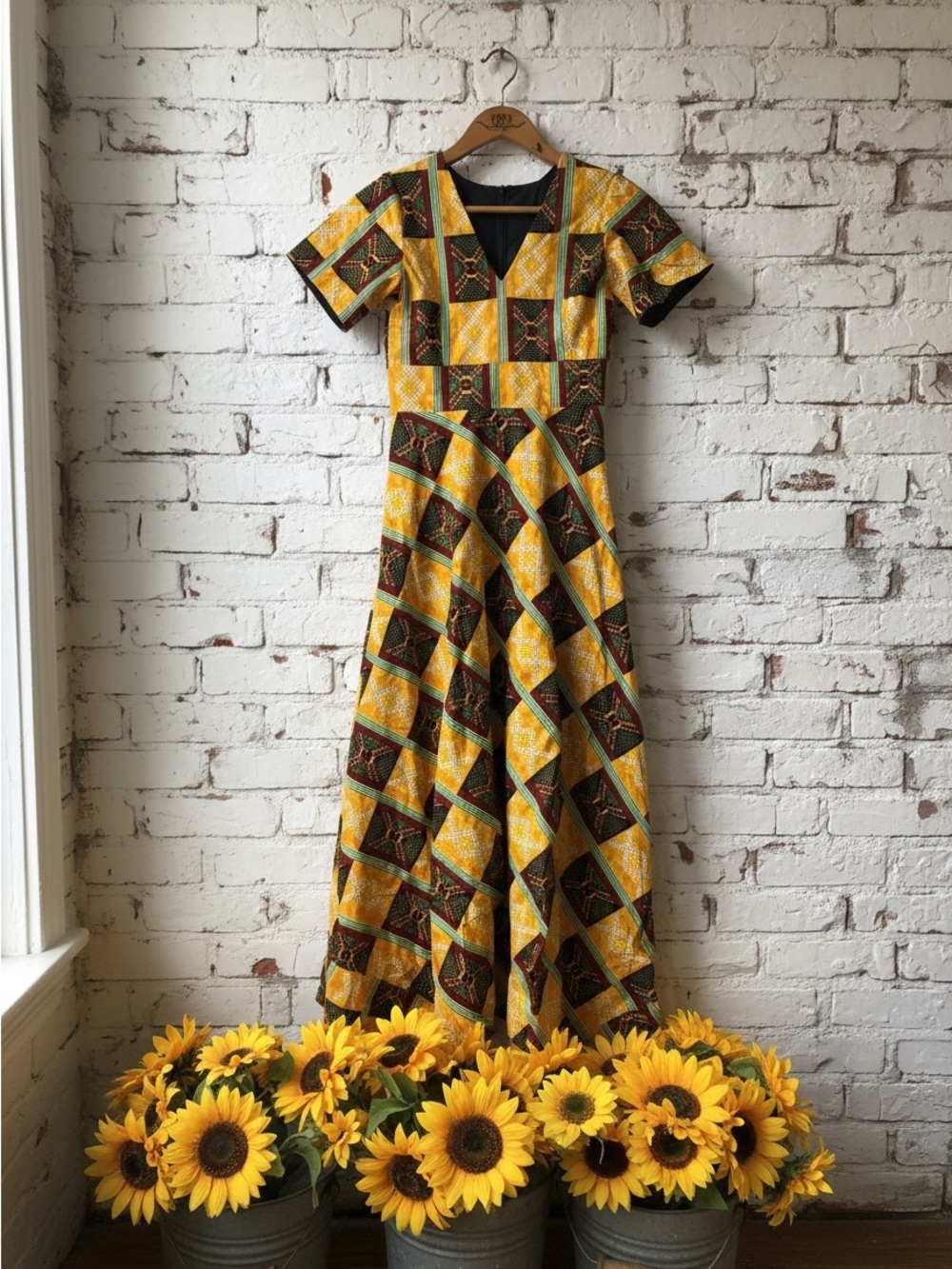 Bespoke African print Yellow & Brown Geometric Maxi Dress